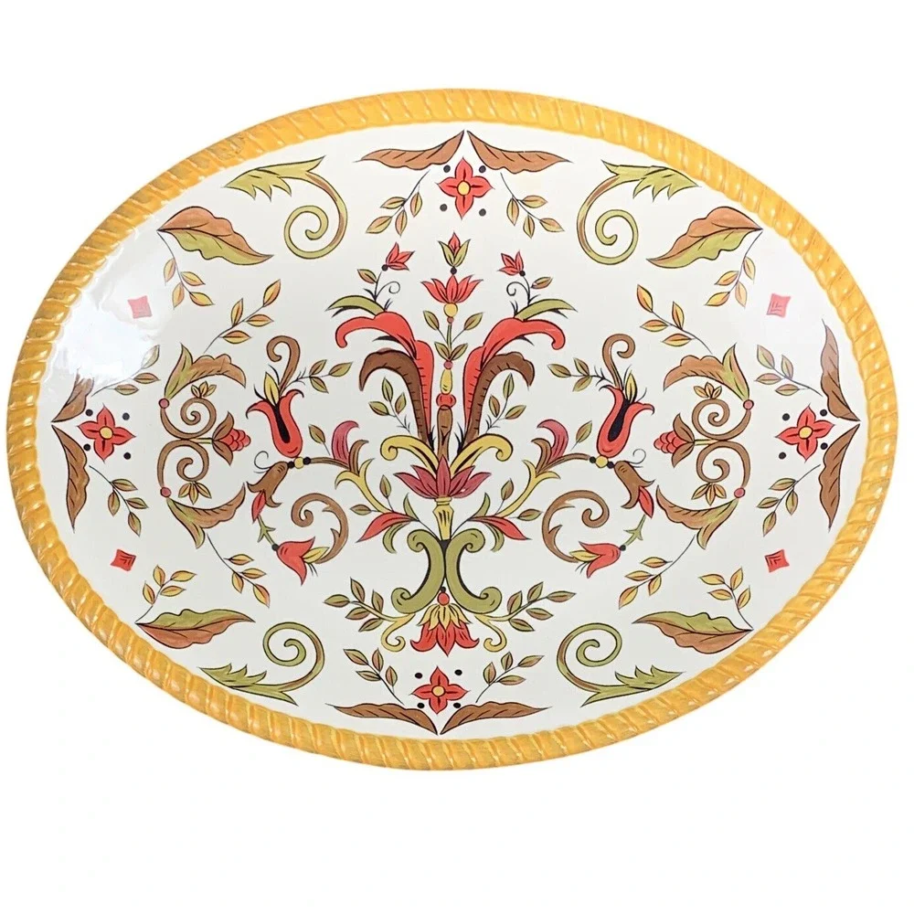 Pier 1 Oralia Earthenware Oval Serving Platter Yellow Rope Rim Floral Scroll